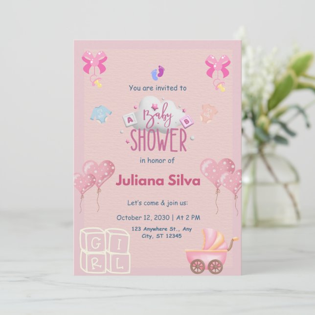 Convites Pink playful Baby Shower Invitation  (Em pé/Frente)