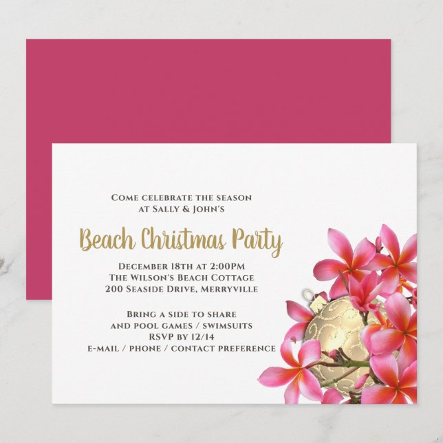 Convites Pink Plumeria Beach Christmas Party (Frente/Verso)