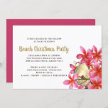 Convites Pink Plumeria Beach Christmas Party<br><div class="desc">Plumeria flores e ornamento dourado convite de festas de Natal com tema tropical. O texto do tipo de parte está em negrito em uma cor dourada para corresponder ao design. Um aglomerado de frangipani cor-de-rosa-escuro, que são flores havaianas, ou encontradas nos trópicos, decora o canto com todas as modelos de...</div>