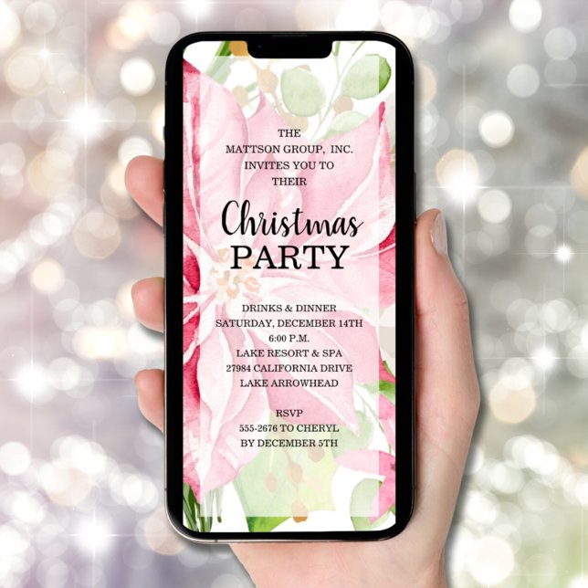 Convites Pink Poinsettia Floral Elegante (INSTANT DOWNLOAD and/or PRINTED elegant pink poinsettia floral Christmas party invitations)