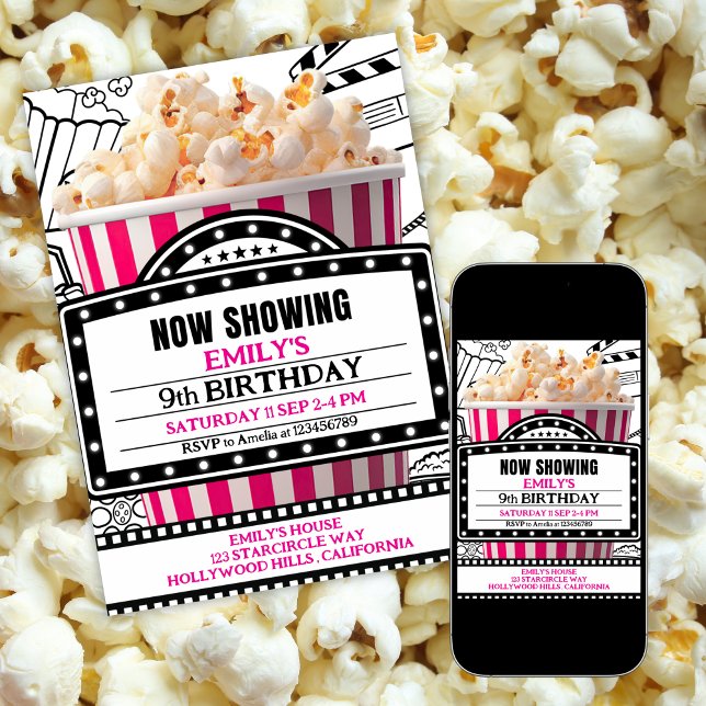 Convites Pink Popcorn Movie Night Party Invitation (Criador carregado)