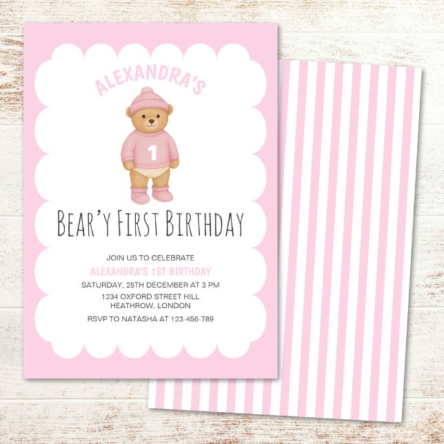 Convites Pink Preppy Bear Beary First Birthday Invitation (Criador carregado)
