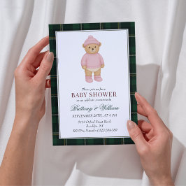 Convites Pink Preppy Bear Designer Plaid Baby Shower