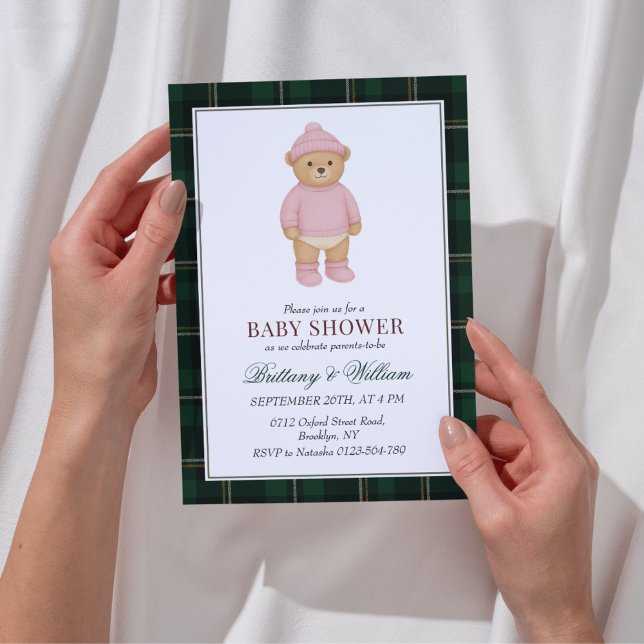 Convites Pink Preppy Bear Designer Plaid Baby Shower (Criador carregado)