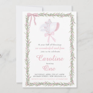 Convites Pink Preppy Bonnet Girl Primeiro Aniversário