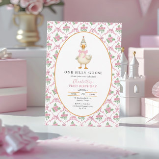 Convites Pink Preppy One Silly Goose Bow 1st Birthday