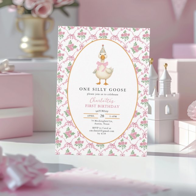 Convites Pink Preppy One Silly Goose Bow 1st Birthday (Criador carregado)