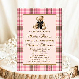 Convites Pink Preppy Plaid Vintage Teddy Bear Baby Shower