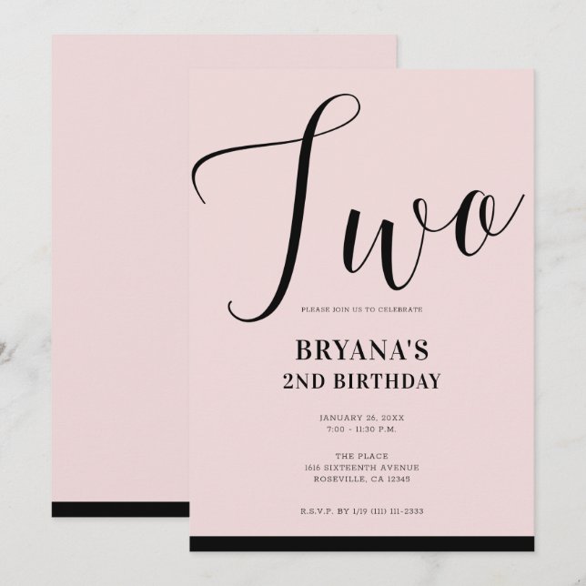 Convites Pink Preto Moderno Minimal Script DOIS Aniversário (Frente/Verso)