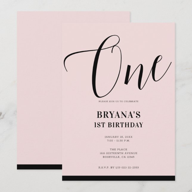 Convites Pink Preto Moderno Minimal Script ONE 1º Aniversár (Frente/Verso)
