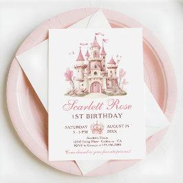 Convites Pink Princess Castle Floral 1st Birthday Party