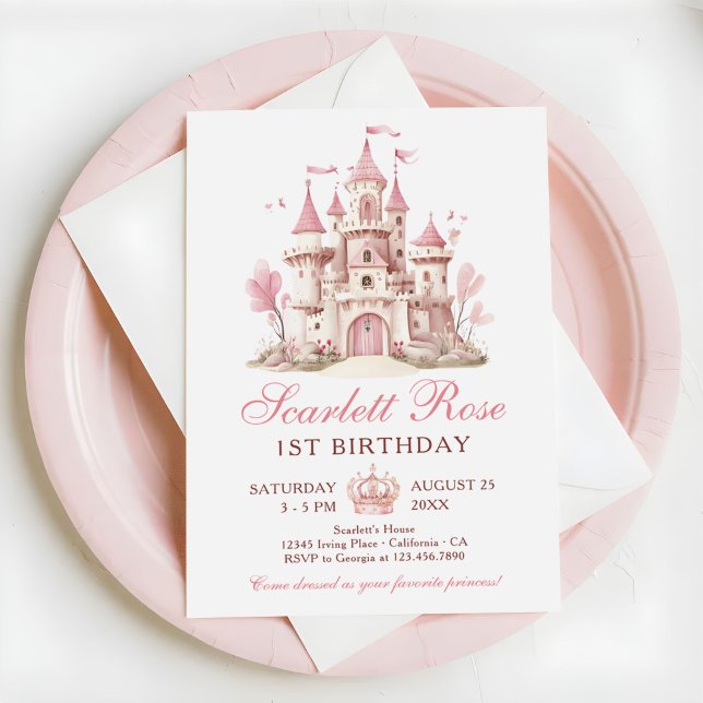 Convites Pink Princess Castle Floral 1st Birthday Party (Criador carregado)