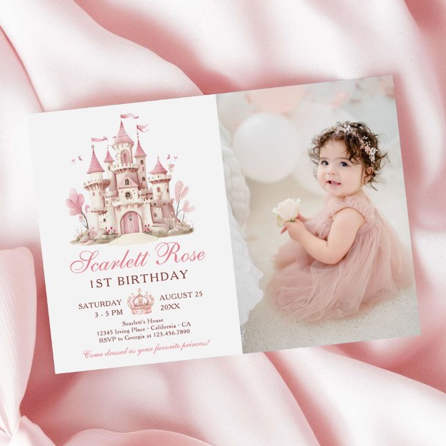 Convites Pink Princess Castle Floral 1st Birthday Photo (Criador carregado)