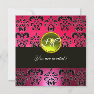 Convites PINK PURPLE BLACK DAMASK MONOGRAM, topaz amarela
