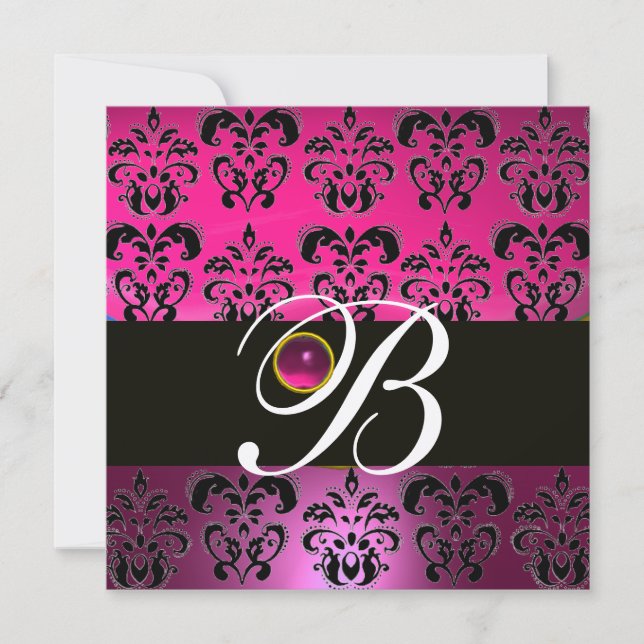 Convites PINK PURPLE BLACK DAMASK MONOGRAMA Ametist Fuchsia (Frente)