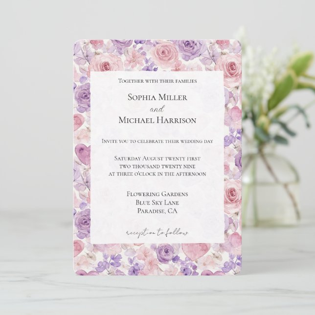 Convites Pink Purple Blush Flowers Hearts Wedding (Em pé/Frente)