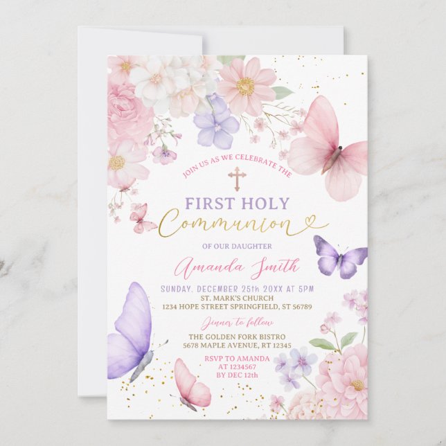Convites Pink Purple Butterfly Girl First Holy Communion (Frente)