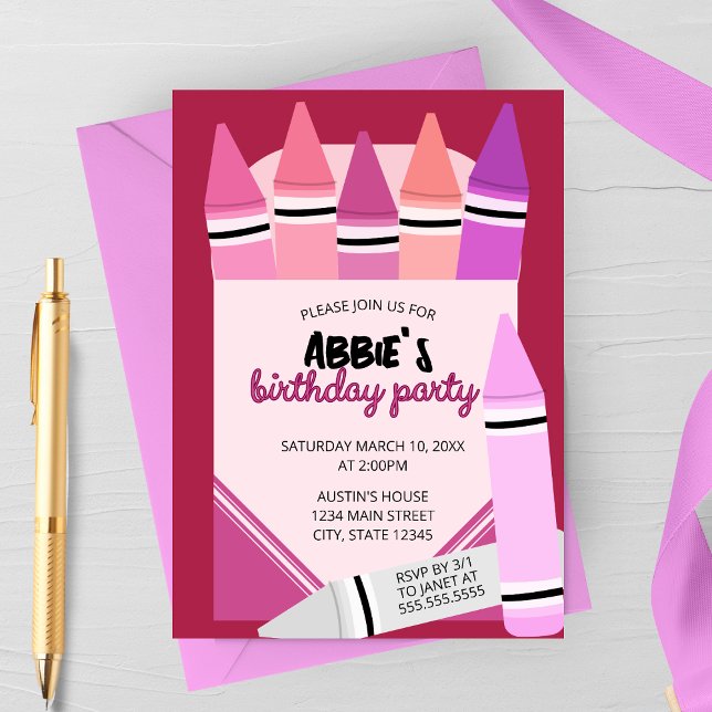 Convites Pink & Purple Crayon Box Birthday Party Invitation (Criador carregado)