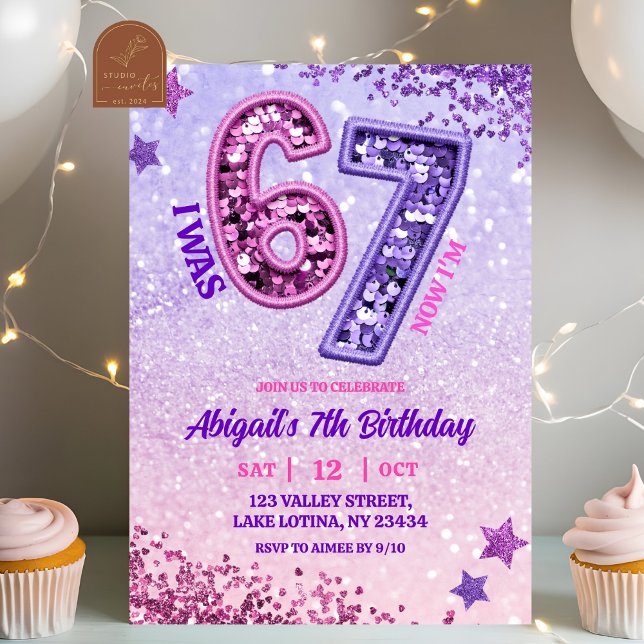Convites Pink Purple Glitter 67 Birthday Party (Criador carregado)