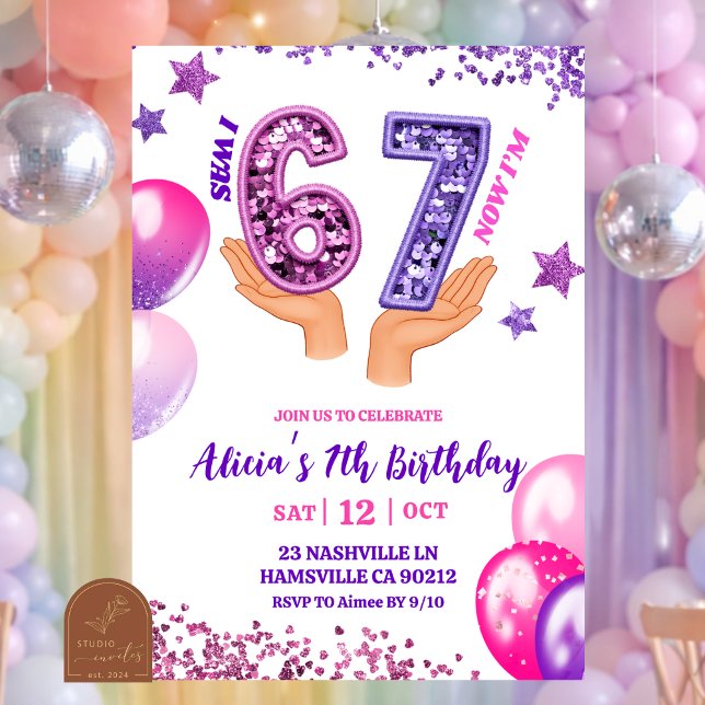 Convites Pink Purple Glitter hand 67 Birthday Party (Criador carregado)
