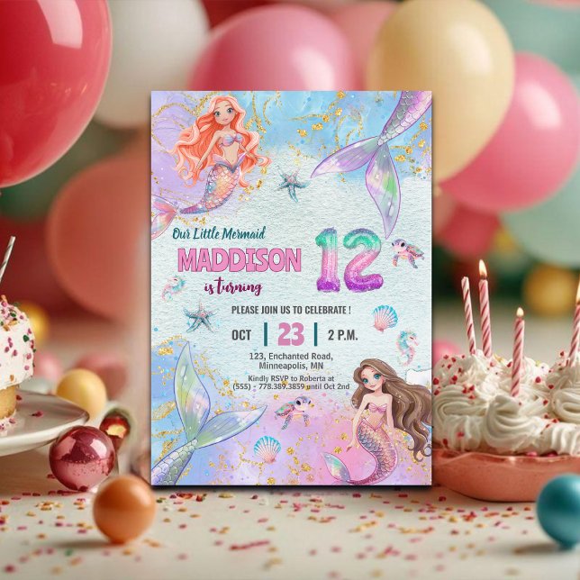 Convites Pink Purple Glitter Mermaids 12th Birthday Party (Criador carregado)