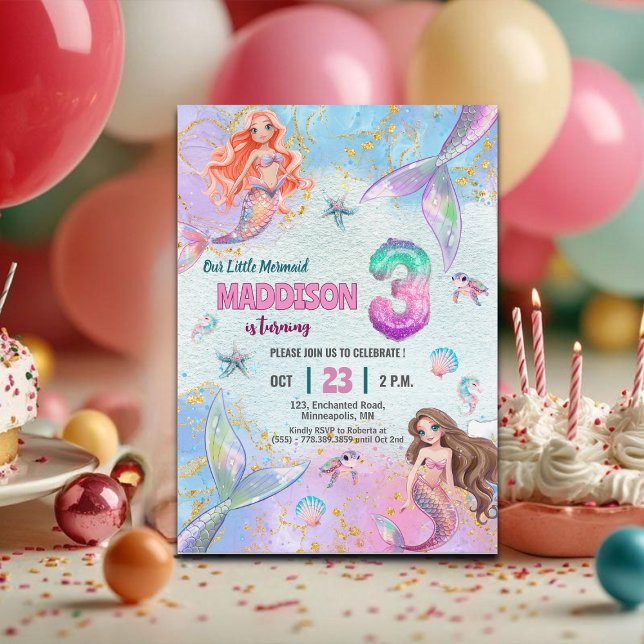Convites Pink Purple Glitter Mermaids 3rd Birthday Party (Criador carregado)