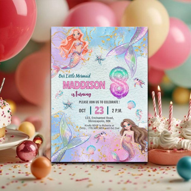 Convites Pink Purple Glitter Mermaids 8th Birthday Party (Criador carregado)
