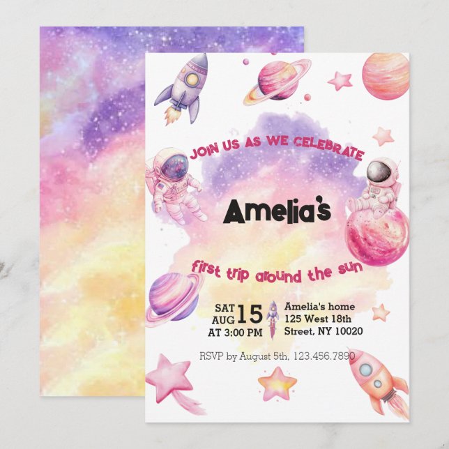 Convites Pink Purple Planet Space First Trip Around the Sun (Frente/Verso)