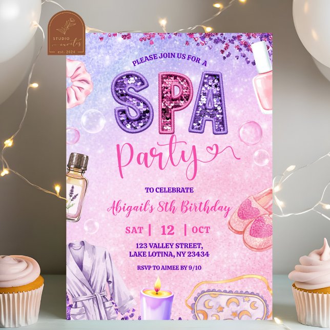 Convites Pink Purple sequin SPA Party Birthday (Criador carregado)