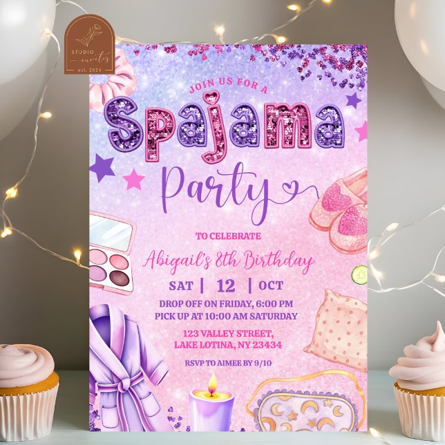 Convites Pink Purple sequin Spajama Party Birthday (Criador carregado)