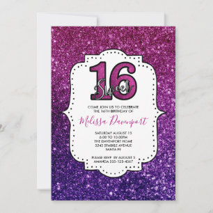 Convites Pink & Purple Sweet 16 Brilho Glitter Gemstones