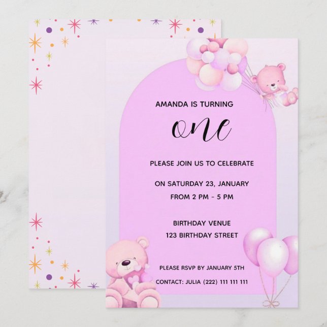 Convites Pink Purple Teddy Bear 1st Birthday Invitation (Frente/Verso)