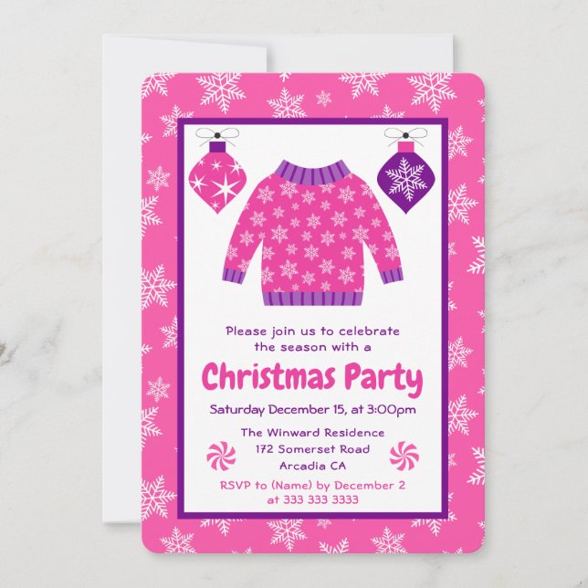 Convites Pink & Purple Ugly Sweater Christmas Party (Frente)