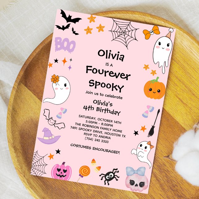 Convites Pink Quatro Nunca Spooky Ghost Halloween 4º Aniver (Pink Four Ever Spooky Cute Ghost Girl Halloween 4th Birthday Invitation )