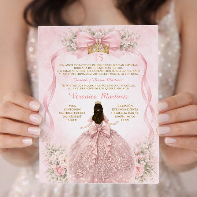 Convites Pink Quinceañera Blush Bow Floral Sweet (Criador carregado)