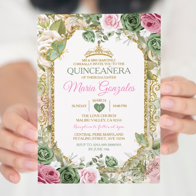 Convites Pink Quinceañera Sage Borboleta Dourada Verde (Criador carregado)