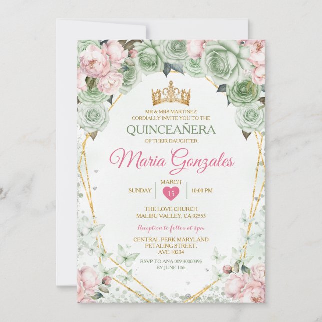 Convites Pink Quinceañera Sage Borboleta Verde Mexicana (Frente)