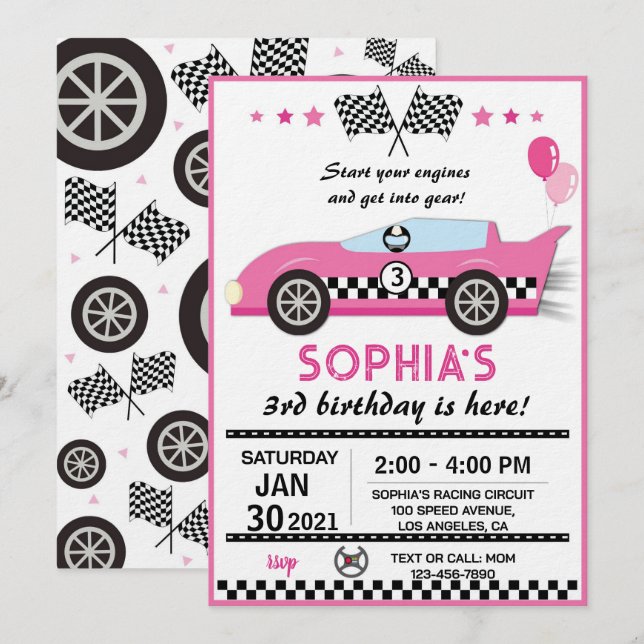 Convites Pink Race Car Birthday Party (Frente/Verso)