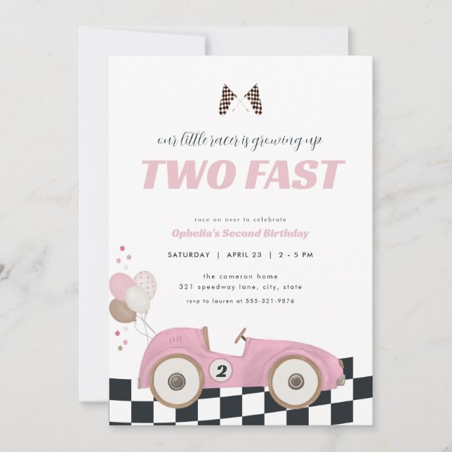 Convites Pink Race Car Girl Two Fast Second Birthday Invite (Frente)