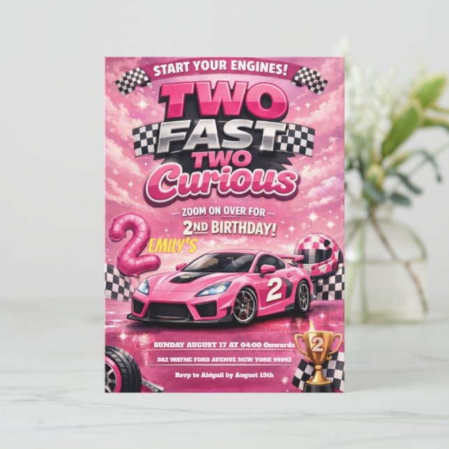 Convites Pink Racing Car Two Fast Two Curious 2nd Birthday  (Em pé/Frente)