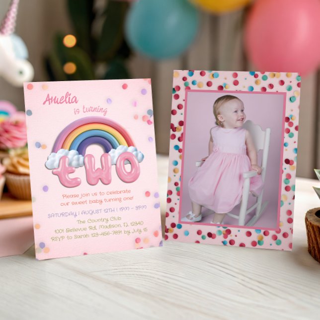 Convites Pink Rainbow 2nd Birthday Invitation with Photo (Criador carregado)
