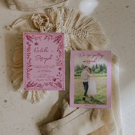 Convites Pink Raspberry Drawn Floral Garden Photo Wedding  