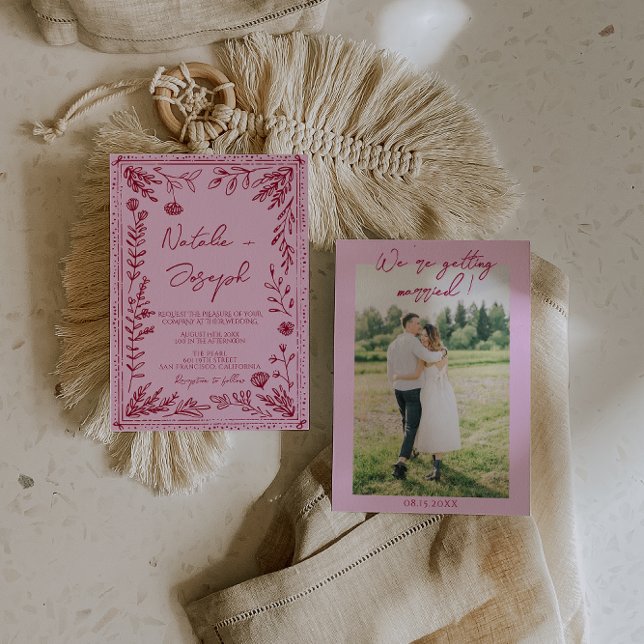 Convites Pink Raspberry Drawn Floral Garden Photo Wedding   (Criador carregado)
