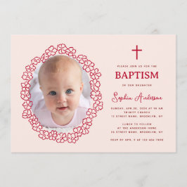 Convites Pink Red Baptism with Girl Photo in Floral Wreath
