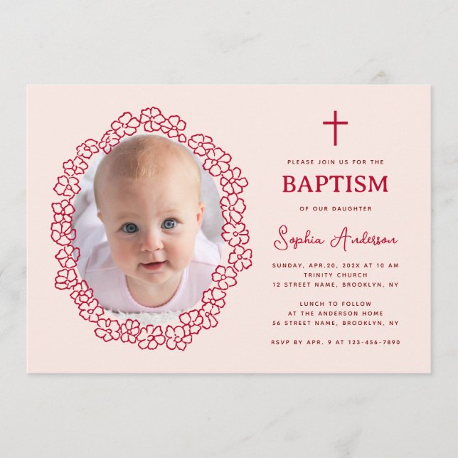 Convites Pink Red Baptism with Girl Photo in Floral Wreath (Frente)