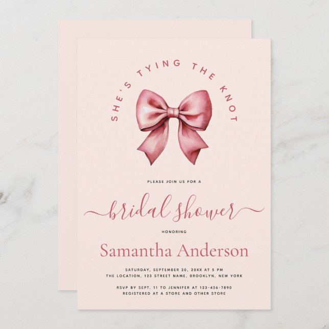 Convites Pink Red Bow Tying the Knot Bridal Shower (Frente/Verso)