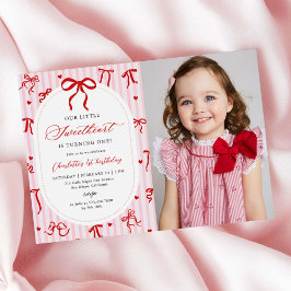 Convites Pink Red Coquette Bow Valentine 1st Birthday Photo