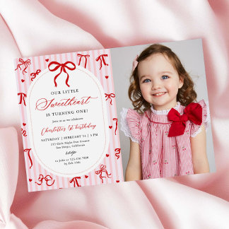Convites Pink Red Coquette Bow Valentine 1st Birthday Photo