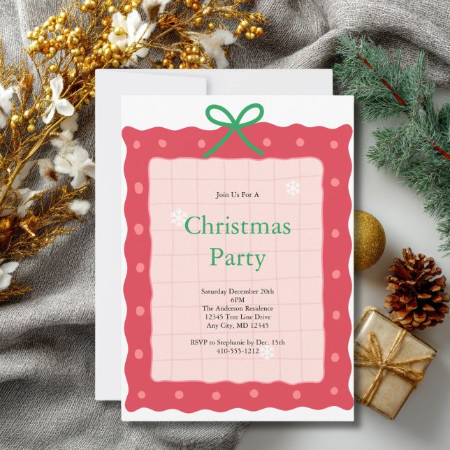 Convites Pink Red Green Coquette Bow Doodle Christmas Party (Pink Red Green Bow Christmas Holiday Party invitation  Printed or Digital Downlaod)