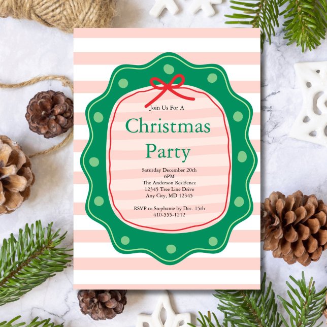 Convites Pink Red Green Coquette Bow Stripe Christmas Party (Pink Stripe Red Green Coquette Bow Doodle Christmas Holiday Invitation, Printed or Digital)